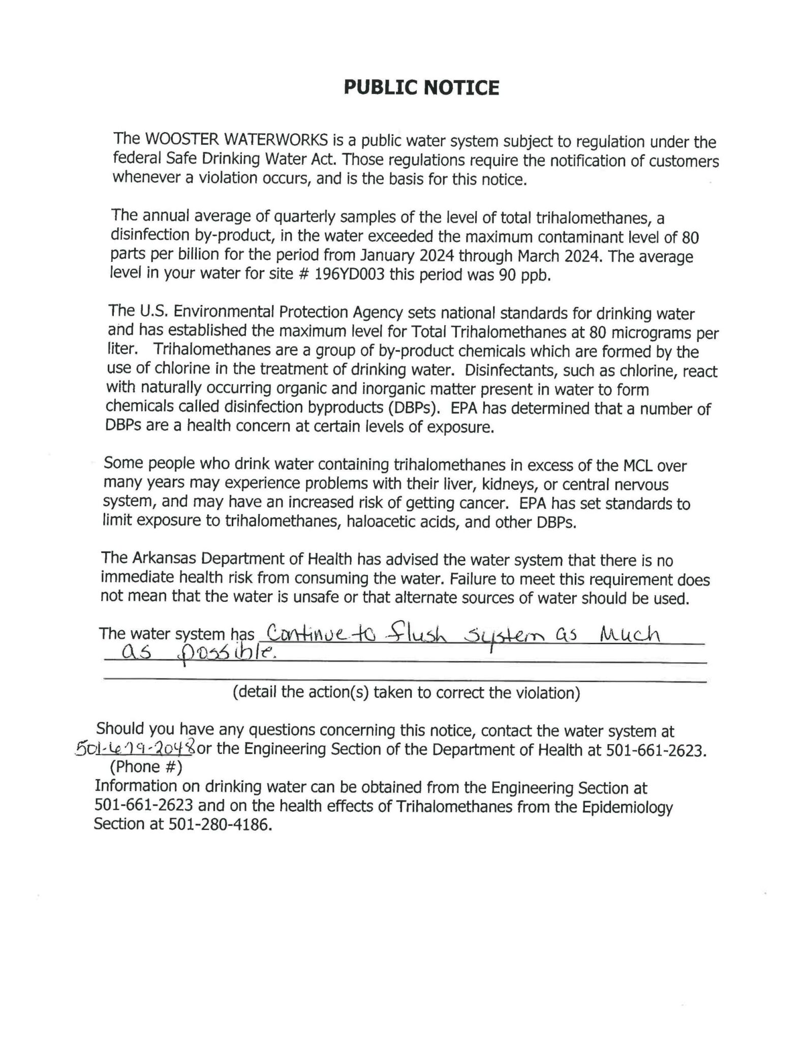 PUBLIC NOTICE1ST QTR 2024 City of Wooster Arkansas